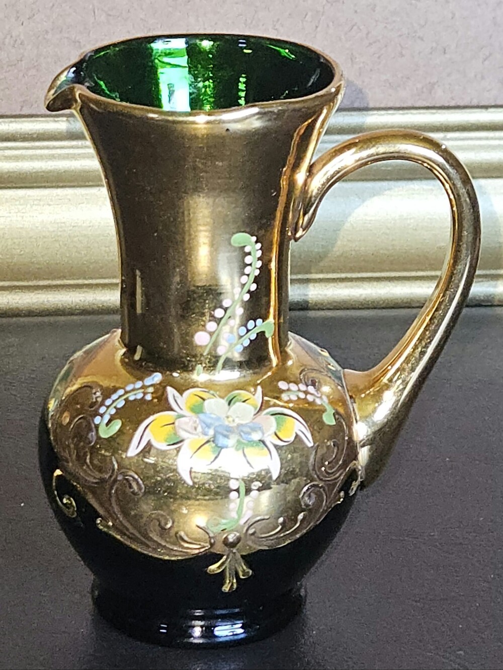 Vintage Gold Lustre Floral Pitcher with Green Interior